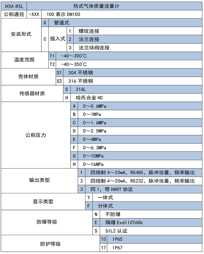 天然氣熱式氣體質(zhì)量流量計(jì)選項(xiàng)表