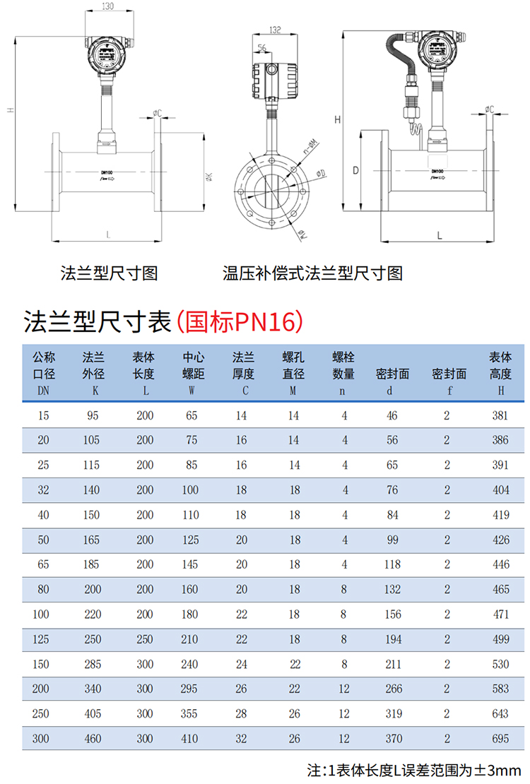 dn40渦街流量計法蘭式尺寸圖